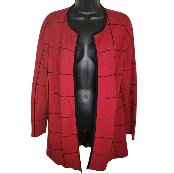 Talbots Windowpane Red & Black Open front cardigan size medium - Picture 1 of 5